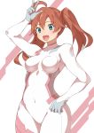  1girl :d absurdres ahoge aqua_eyes bodysuit breasts brown_hair commentary_request covered_navel darling_in_the_franxx eyebrows_visible_through_hair hair_between_eyes hand_on_hip highres medium_breasts miku_(darling_in_the_franxx) open_mouth pilot_suit short_hair sia_namsbinpeni smile solo twintails v white_bodysuit 