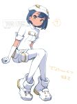  1girl aether_foundation_employee aether_foundation_uniform black_hair blue_hair breasts brown_eyes closed_mouth dark-skinned_female dark_skin gloves hat highres jumpsuit looking_at_viewer newsboy_cap noi_(noi_pk27) overalls pantyhose pokemon pokemon_sm short_hair short_jumpsuit short_sleeves solo white_gloves white_hat white_jumpsuit white_overalls white_pantyhose 