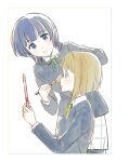  2girls applying_makeup artbook asaka_karin black_jacket black_thighhighs blazer blonde_hair blue_eyes blunt_bangs blunt_ends blush bob_cut bow closed_mouth collared_shirt cosmetics dot_nose from_side green_bow green_ribbon grey_hair grey_skirt hands_up highres holding jacket leaning_forward lipstick lipstick_tube long_sleeves love_live! love_live!_nijigasaki_high_school_idol_club makeup multiple_girls nakasu_kasumi neck_ribbon nijigasaki_school_uniform non-web_source official_art pink_eyes plaid_clothes plaid_skirt pleated_skirt purple_hair ribbon school_uniform shirt short_hair simple_background skirt smile thighhighs white_background white_shirt white_skirt winter_uniform yellow_ribbon 
