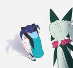  1girl black_hair black_shirt black_socks cat_shadow_puppet_(meme) commentary_request hood hood_down hooded_vest hoodie liko_(pokemon) meme meowscarada pokemon pokemon_(anime) pokemon_(creature) pokemon_horizons rei_hinketsu shirt shoes shorts socks squatting twintails vest 