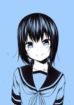  black_hair blue blue_background blush fubuki_(kantai_collection) kantai_collection kouji_(campus_life) long_hair looking_at_viewer monochrome school_uniform serafuku smile solo 