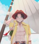  1boy abs aged_down bag black_hair boat closed_mouth cowboy_shot elbow_pads freckles hat highres male_focus nabi_love_8 one_piece open_clothes open_shirt orange_hat outdoors portgas_d._ace short_hair short_sleeves shoulder_bag single_elbow_pad solo watercraft 