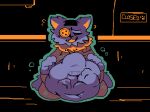 2022 abdominal_bulge animate_inanimate anthro anthro_pred belly big_belly black_eyes button_(fastener) darkner deltarune digital_media_(artwork) domestic_cat duo felid feline felis fully_inside fur green_outline grin kneeling living_plushie male male_pred mammal navel outline patchwork_creature pawplants plushie purple_body purple_fur rumbling_stomach scarf seam_(deltarune) seam_(sewing) smile undertale_(series) unseen_prey vore