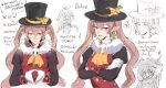  2girls :d absurdres ascot black_hat black_sleeves bow brooch closed_mouth cropped_torso cross cross_earrings crossed_arms dolce_(rune_factory) earrings english_commentary expressionless fur_scarf hat hat_bow highres jester_cap jewelry juliet_sleeves long_hair long_sleeves looking_at_viewer low_ponytail marionetta_(rune_factory) marionette maybecrosswise multiple_girls multiple_views open_mouth partially_colored pico_(rune_factory) pink_eyes pink_hair pointy_ears ponytail puffy_sleeves puppet puppet_strings rune_factory rune_factory_4 skull skull_brooch smile sparkle spoken_squiggle squiggle thai_text top_hat translation_request twintails v white_background yellow_ascot yellow_bow 