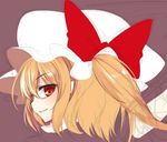  blonde_hair boots bow commentary_request eyelashes flandre_scarlet hat hat_ribbon looking_at_viewer looking_back red_eyes ribbon side_ponytail skirt smirk solo touhou utakata_(kochou_no_yume) 