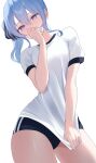  1girl absurdres black_buruma blue_eyes blue_hair breasts buruma covering_own_mouth fawny gym_uniform highres hololive hoshimachi_suisei looking_at_viewer shirt shirt_tug side_ponytail simple_background small_breasts solo thighs transparent_background virtual_youtuber white_shirt 