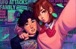 1boy 1girl ayase_momo black_choker black_hair bow bowtie brown_eyes brown_hair choker dandadan earrings glasses jewelry long_sleeves open_mouth pendant_earring pink_sweater red_bow red_bowtie round_eyewear school_uniform shirt short_hair sweater takakura_ken_(dandadan) yahidna 