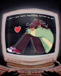  2others black_eyes brown_hair brown_pants chromatic_aberration commentary computer computer_keyboard crt deltarune english_commentary green_sweater heart highres im_vess kris_(deltarune) long_sleeves looking_at_viewer medium_hair multiple_others other_focus pants pov red_shoes shaded_face shoes sneakers sweater torn_clothes torn_pants 