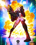  1girl artist_name breasts commission cyberpunk_(series) cyberpunk_edgerunners cyborg explosion firing full_body gun heel_up highres holding holding_gun holding_weapon leg_tattoo mechanical_arms open_mouth rebecca_(cyberpunk) red_eyes short_eyebrows solo sykosan tattoo teeth upper_teeth_only v-shaped_eyebrows weapon white_hair 
