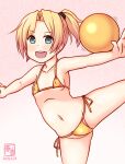  1girl artist_logo ball bikini blonde_hair breasts collarbone covered_nipples cowboy_shot dated gold_bikini gradient_background green_eyes gymnastics kanon_(kurogane_knights) kantai_collection logo looking_at_viewer maikaze_(kancolle) one-hour_drawing_challenge open_mouth outstretched_arms pink_background ponytail rhythmic_gymnastics round_teeth short_hair side-tie_bikini_bottom small_breasts smile solo standing standing_on_one_leg swimsuit teeth upper_teeth_only 
