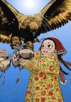  1girl animal bird blue_sky braided_twintails brown_eyes brown_gloves brown_hair coat colorized eagle flying fur-trimmed_coat fur_coat fur_trim gloves golden_eagle hat highres long_hair lookafar looking_at_another mori_kaoru open_mouth otoyomegatari red_hat sky smile standing sun sunlight tileke 