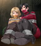  2girls absurdres ada_wong ashley_graham black_hair blonde_hair boots bound gag green_skirt high_heel_boots high_heels highres improvised_gag looking_at_viewer lost_one_zero multiple_girls peril resident_evil resident_evil_village restrained short_hair skirt tape tape_bondage tape_gag 