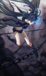  1girl absurdres aqby69 arm_cannon belt bikini black_coat black_hair black_rock_shooter black_rock_shooter_(character) black_shorts blue_eyes boots chain coat flaming_eye front-tie_bikini_top front-tie_top glowing glowing_eye highres long_hair open_clothes open_coat pale_skin rock_cannon scar shorts swimsuit twintails uneven_twintails weapon 
