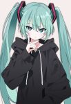  1girl absurdres alternate_costume aqua_hair aqua_nails black_hood black_hoodie blue_eyes closed_mouth commentary_request drawstring film_grain grey_background hair_between_eyes hand_in_pocket hand_up hatsune_miku highres hood hood_down hoodie hutaba_haru long_hair long_sleeves looking_at_viewer serious simple_background sleeves_past_wrists solo straight_hair tsurime twintails upper_body very_long_hair vocaloid 