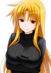  1girl blonde_hair breasts bright_pupils dress engo_(aquawatery) fate_testarossa large_breasts long_bangs long_hair long_sleeves looking_at_viewer lyrical_nanoha original red_eyes ribbed_sweater simple_background smile solo sweater turtleneck turtleneck_sweater very_long_hair white_background 