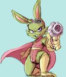  anthro buckteeth bucky_o&#039;hare bucky_o&#039;hare_(series) bulge cape clothing dandi eyewear foreshortening goggles goggles_on_forehead grin gun lagomorph looking_at_viewer male mammal on_one_knee pink_clothing rabbit ranged_weapon sketch solo superhero teeth tight_clothing weapon 