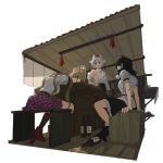  1010kman 3girls black_hair bottle brown_hair cup detached_sleeves drunk hat himekaidou_hatate holding holding_cup inubashiri_momiji multiple_girls red_eyes red_hat shameimaru_aya shirt sitting tokin_hat touhou twintails white_hair white_shirt 