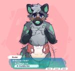 2024 anthro blue_eyes blush bodily_fluids claws clothed clothing colored cookiebandit countershade_fur countershading dating_sim dialogue dialogue_box diaper diaper_only fur gameplay_mechanics genital_fluids green_claws green_inner_ear green_nose green_spots grey_body grey_fur hyena index_to_index kodai looking_at_viewer male mammal pink_background question shy simple_background solo spots standing tail tail_motion tailwag topless unclean_diaper urine used_diaper user_interface wearing_diaper wet_diaper