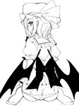  alternate_costume ass back black_ribbon butt_crack commentary_request greyscale hat hat_ribbon lineart looking_at_viewer looking_back monochrome panties puffy_sleeves remilia_scarlet ribbon short_hair sitting solo touhou underwear utakata_(kochou_no_yume) 