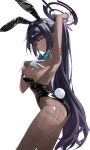  1girl absurdres animal_ears arm_up armpits black_hair black_leotard blue_archive blue_bow blue_bowtie blue_halo bow bowtie commentary danyun_03 dark-skinned_female dark_skin detached_collar embarrassed fake_animal_ears fishnet_pantyhose fishnets from_side gloves halo high_ponytail highleg highleg_leotard highres karin_(blue_archive) karin_(bunny)_(blue_archive) leotard long_hair looking_at_viewer number_tattoo official_alternate_costume pantyhose playboy_bunny ponytail purple_halo rabbit_ears rabbit_tail solo strapless strapless_leotard sweat tail tattoo traditional_bowtie v white_background white_gloves white_wrist_cuffs wrist_cuffs 