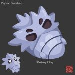  arrow_(symbol) artist_logo artist_name character-themed_food character_name chocolate food food_focus food_name grey_background highres logo no_humans pokemon pokemon_(creature) pupitar simple_background yuki00yo 