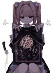  1girl aegyo_sal black_eyes blood blood_on_ground blunt_bangs bow cross drawn_wings dress frilled_dress frills hair_bow holding_portrait implied_attack knees_together_feet_apart knees_up knife original pink_hair planted portrait_(object) ribbon sidelocks sitting smile solo tombstone twintails upper_body uxvqx white_background 