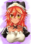  artist_request blush braid breasts closed_mouth collar dark_skin frills hat long_hair lupusregina_beta maid maid_apron open_eyes overlord_(maruyama) red_hair simple_background smile solo twin_braids yellow_eyes 