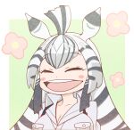  1girl animal_ears black_hair blush_stickers border breast_pocket breasts chapman&#039;s_zebra_(kemono_friends) cleavage collared_shirt emil_(fafa) eyelashes kemono_friends large_breasts long_hair multicolored_hair open_mouth pocket shirt sidelocks smile solo striped_hair teeth upper_body upper_teeth_only white_border white_hair white_shirt zebra_ears zebra_girl 