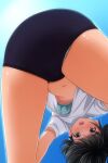  1girl absurdres ass black_hair bra buruma commentary_request highres looking_at_viewer matsunaga_kouyou navel open_mouth original panties panties_under_buruma panty_peek shirt short_hair solo underwear 