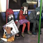  1boy 2girls black_hair black_jacket blunt_bangs brown_hair danganronpa_(series) danganronpa_v3:_killing_harmony hair_ornament hair_scrunchie harukawa_maki highres jacket kmnm_1403 long_hair long_sleeves low_twintails multiple_girls oma_kokichi pantyhose pleated_skirt red_hair red_scrunchie red_shirt saihara_shuichi sailor_collar school_uniform scrunchie shirt short_hair skirt twintails yumeno_himiko 