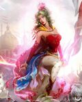  1girl blue_eyes boots breasts cape cleavage closed_mouth commentary crystal_fae detached_sleeves dress english_commentary final_fantasy final_fantasy_vi gold_trim green_hair hair_ribbon highres holding holding_sword holding_weapon kefka_palazzo long_hair medium_breasts mog moogle pantyhose parted_bangs pink_ribbon ponytail red_boots red_dress red_sleeves ribbon sash solo strapless strapless_dress sword terra_branford tube_dress umaro waist_sash wavy_hair weapon web_address yellow_cape 