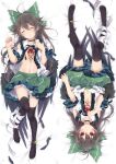  1girl absurdres ahoge black_choker black_hair black_thighhighs black_wings bow breasts center_frills choker closed_eyes closed_mouth clothing_cutout collared_shirt dakimakura_(medium) facing_viewer feathered_wings feathers frilled_shirt_collar frilled_skirt frills full_body green_bow green_ribbon green_skirt hair_bow highres leg_ribbon long_hair looking_at_viewer lying medium_breasts multiple_views navel neck_ribbon on_back open_clothes open_shirt puffy_short_sleeves puffy_sleeves red_eyes reiuji_utsuho ribbon shirt short_sleeves shoulder_cutout shoulder_tattoo skirt stomach tattoo thighhighs third-party_source third_eye touhou toutenkou unbuttoned unbuttoned_shirt very_long_hair white_ribbon white_shirt wings 