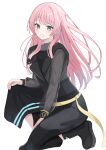  1girl absurdres bang_dream! bang_dream!_it&#039;s_mygo!!!!! beniyomogi black_boots black_shirt black_skirt blush boots chihaya_anon clenched_teeth commentary full_body grey_eyes highres kneeling long_hair long_sleeves looking_at_viewer open_mouth pink_hair see-through_clothes see-through_sleeves shirt simple_background skirt smile solo teeth white_background 