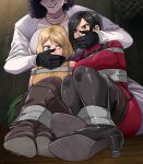  3girls absurdres ada_wong alcina_dimitrescu ashley_graham black_gloves boots bound breasts covering_another&#039;s_mouth gagged gloves green_skirt hand_gagged hand_over_another&#039;s_mouth high_heel_boots high_heels highres kidnapped large_breasts lost_one_zero multiple_girls resident_evil resident_evil_village restrained skirt tape tape_bondage 