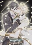  2boys ahoge aladdin_(sinoalice) arabian_clothes armor aura belt black_hair blonde_hair breastplate bridal_gauntlets cape chain closed_eyes collared_shirt formal_clothes glasses gloves glowing gold hair_slicked_back hameln_(sinoalice) highres hug kiss male_focus multiple_boys necktie open_mouth pants protected_link purple_necktie scene_reference second-party_source shirt short_hair sinoalice sora_jiro suit white_gloves yaoi 