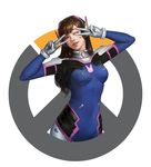  ;) bangs bodysuit brown_eyes brown_hair covered_navel d.va_(overwatch) double_v facial_mark headphones highres long_hair looking_at_viewer one_eye_closed overwatch parted_lips pilot_suit realistic smile solo swept_bangs trix_(walpurgis999) upper_body v whisker_markings 