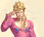  1boy blonde_hair braid closed_mouth earrings eyelashes giorno_giovanna green_eyes jacket jewelry jojo_no_kimyou_na_bouken ladybug_ornament lips long_hair long_sleeves male_focus nose pale_skin pectoral_cleavage pectorals realistic solo vento_aureo victory_rolls yahidna 