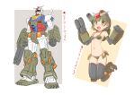  1girl armor beam_rifle bikini_armor breasts clenched_hands commentary_request energy_gun full_body green_hair gundam headgear katahira_masashi looking_at_viewer mecha mecha_musume mobile_suit mobile_suit_gundam navel open_mouth original robot rx-78-2_gundam science_fiction shield short_hair small_breasts smile thighhighs v-fin weapon yellow_eyes 