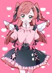  1girl absurdres alternate_hairstyle angel_wings artist_name belt black_belt black_ribbon black_skirt blush_stickers bow bow_skirt commentary covering_own_mouth cowboy_shot ear_piercing earrings frilled_shirt frilled_skirt frills green_eyes hair_ornament hair_ribbon heart highres hirogaru_sky!_precure jewelry jirai_kei long_hair long_sleeves looking_at_viewer miniskirt nijigaoka_mashiro piercing pink_background pink_bow pink_hair pink_shirt pixiv_username potacure precure ribbon shirt signature skirt solo standing twitter_username two_side_up wings x_hair_ornament 