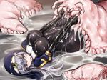  blue_eyes blush bodysuit boots breasts covered_navel covered_nipples elbow_gloves gloves hat large_breasts latex long_hair lying monster nun on_back open_mouth original pushing pushing_away rindou_(radical_dream) silver_hair skin_tight slime solo sweat vore 