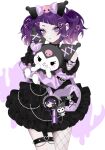  2girls absurdres black_dress bow character_charm charm_(object) choker cowboy_shot diagonal_bangs dress ear_piercing frilled_dress frills hair_bow hair_ornament hairclip hazaki_yoshino heart heart-shaped_bag heart_hair_ornament highres holding idolmaster idolmaster_shiny_colors kuromi long_sleeves looking_at_viewer multiple_girls onegai_my_melody parted_lips piercing purple_eyes purple_hair sanrio short_twintails simple_background single_fishnet_legwear single_leg_pantyhose spiked_choker spikes standing tanaka_mamimi thigh_strap twintails twitter_username white_background 
