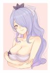  1girl akina_(akn_646) breasts camilla_(fire_emblem_if) cleavage closed_mouth crossed_arms fire_emblem fire_emblem_heroes fire_emblem_if hair_ornament hair_over_one_eye large_breasts long_hair nintendo pink_background purple_eyes purple_hair simple_background smile solo upper_body 