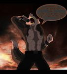  5_fingers abs anthro armor athletic belt biceps bracers brown_hair canine clothed clothing dream_evil english_text fist fox hair heavy_metal hybrid long_hair lyrics male mammal microphone muscular nipples open_mouth outside pants pecs screaming singing sky solo studs text topless wolf xxsparcoxx 