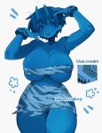  1girl :o animal_print armpit_crease artist_name bakuatsukiyu blue_choker blue_hair blue_skin bracelet breasts broken_horn choker cleavage colored_skin commentary cowboy_shot crayon double-parted_bangs english_commentary hand_on_own_head hands_up horns huge_breasts jewelry loincloth looking_at_viewer oni open_mouth original personification pointy_ears short_hair simple_background solo teeth tiger_print upper_teeth_only white_background 