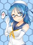  blue_eyes blue_hair breasts commentary_request double_bun elbow_gloves glasses gloves hat highres kantai_collection large_breasts rainysnowy108 school_uniform serafuku solo urakaze_(kantai_collection) white_hat 