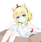  amano_pikamee animal_ear_fluff animal_ears blonde_hair cat_ears closed_mouth green_hair green_nails highres kemonomimi_mode looking_at_viewer multicolored_hair nail_polish shirt short_hair smile solo streaked_hair tongue tongue_out ugaaaa1 virtual_youtuber voms white_background white_shirt 