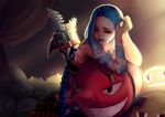 ammunition_belt blue_hair braid highres jinx_(league_of_legends) league_of_legends ling_(vivianling) long_hair parted_lips red_eyes sitting solo tattoo topless very_long_hair 