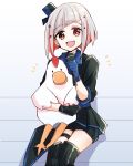  1girl asymmetrical_gloves awoke_(love_live!) black_boots black_gloves black_jacket black_shorts black_skirt blue_gloves bob_cut boots commentary_request diagonal_bangs diamond_hair_ornament feet_out_of_frame gloves grey_hair highres holding holding_microphone hugging_doll hugging_object inverted_bob jacket kanduki_kamibukuro knee_boots link!_like!_love_live! looking_at_viewer love_live! microphone mismatched_gloves multicolored_hair notice_lines official_alternate_costume overskirt red_hair shadow short_hair short_shorts shorts sitting skirt streaked_hair stuffed_animal stuffed_bird stuffed_chicken stuffed_toy three-quarter_sleeves virtual_youtuber white_background yugiri_tsuzuri 