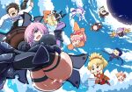  =_= anger_vein animal_ears animal_hands artoria_pendragon_(fate) artoria_pendragon_(lancer_alter)_(fate) black_jacket black_thighhighs breasts chibi claw_(weapon) commentary_request falling fate/grand_order fate_(series) fox_ears fox_girl fox_tail fujimaru_ritsuka_(female) fujimaru_ritsuka_(male) gae_bolg_(fate) gilgamesh_(fate) gilgamesh_(immoral_biker_jacket)_(fate) gloves hair_over_one_eye holding holding_polearm holding_sword holding_wand holding_weapon horse jacket large_breasts leonardo_da_vinci_(fate) mash_kyrielight mash_kyrielight_(demi-servant) meltryllis_(fate) meltryllis_(third_ascension)_(fate) midair mordred_(fate) mordred_(third_ascension)_(fate) one_side_up panties pantyshot passionlip_(fate) paw_gloves paw_shoes pink_eyes pink_hair polearm pororokka_(macareo) prosthesis prosthetic_leg riyo_(lyomsnpmp)_(style) spear suzuka_gozen_(fate) sweat sword tail tamamo_(fate) tamamo_cat_(fate) thigh_strap thighhighs underwear wand weapon white_panties 