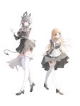  2girls absurdres alternate_costume apron black_horns black_shoes black_tail blonde_hair blush bow bowtie breasts cartethyia_(wuthering_waves) closed_mouth commentary curled_horns demon_tail dress earrings english_commentary enmaided fine_(fine50117) garter_straps gloves grey_dress grey_hair highres horns jewelry key_earrings large_breasts long_hair long_sleeves looking_at_viewer maid maid_headdress medium_breasts multiple_girls parted_bangs pointy_ears red_eyes shoes sidelocks simple_background tacet_mark_(wuthering_waves) tail thighhighs thighs white_background white_garter_straps white_gloves white_thighhighs wuthering_waves yellow_bow yellow_bowtie zani_(wuthering_waves) 
